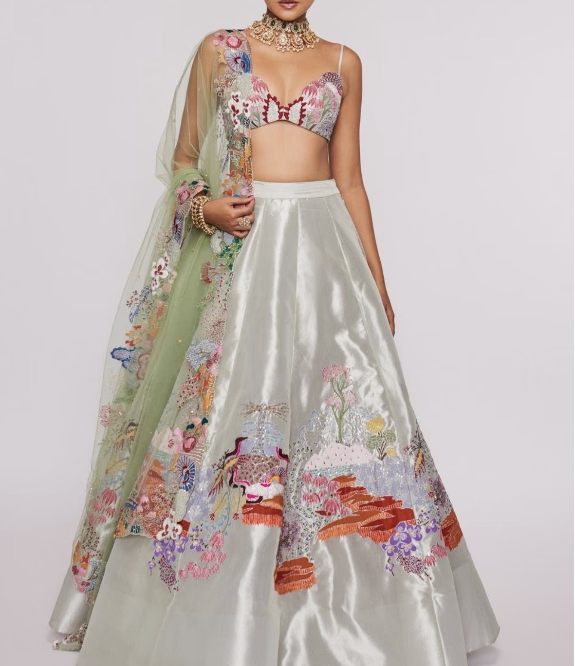 Aisha Rao Ivory Tissue Appliquéd & Embellished Lehenga Set — Designer Lehenga rental in Surrey, BC