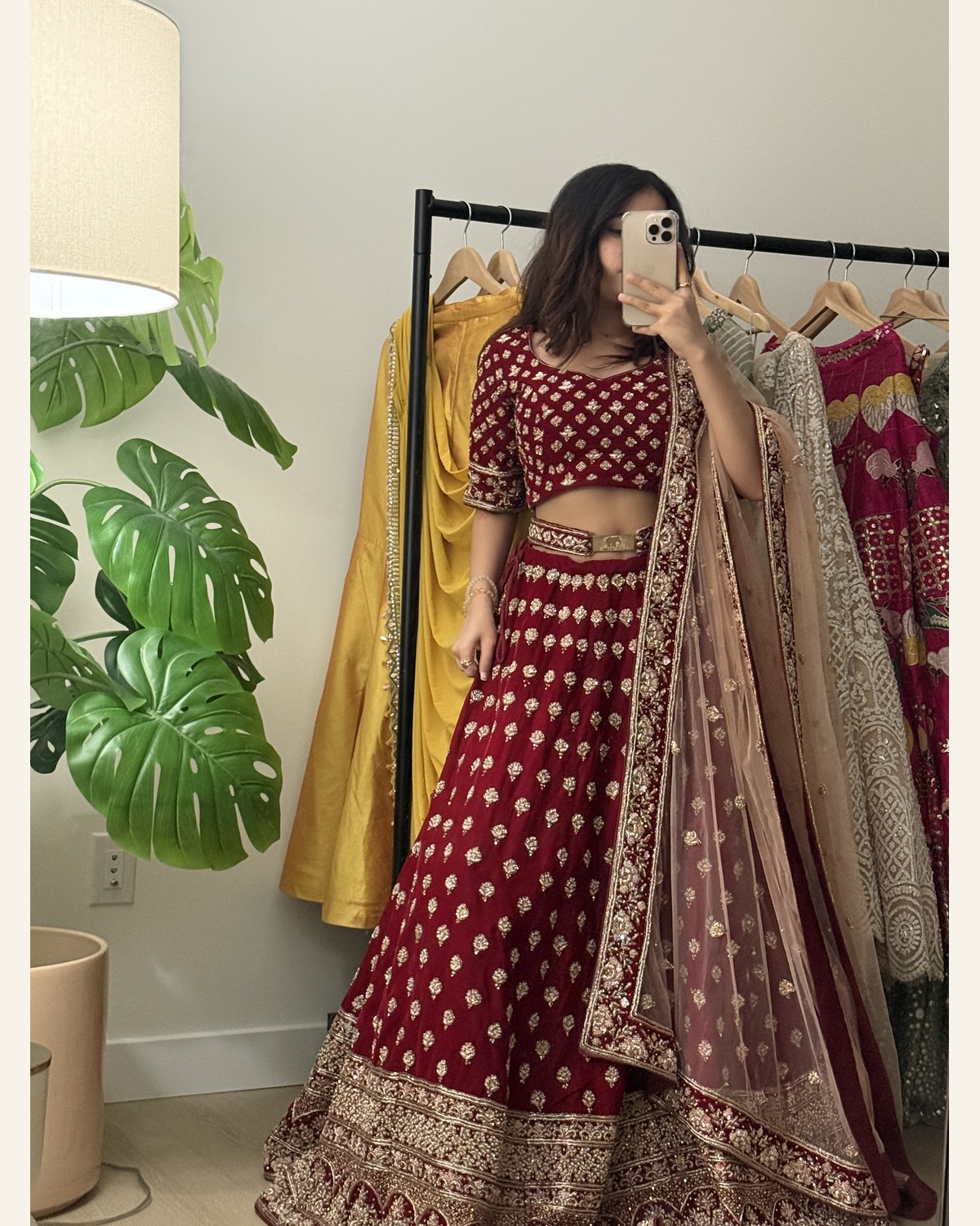 Lalit Dalmia Wine Bridal Lehenga — premium bridal lehenga rental at Saga by Himani, Surrey BC