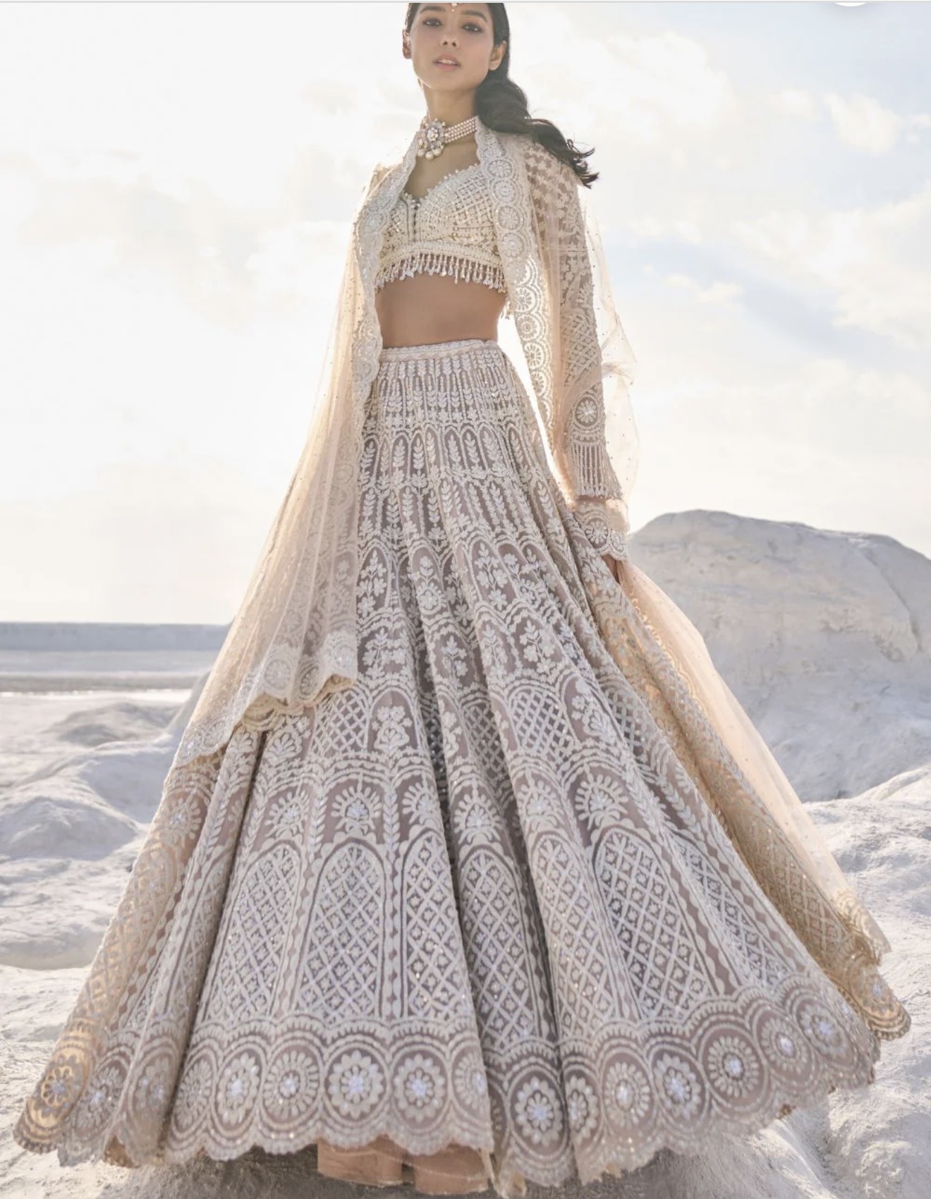 Seema Gujral Nude Cream Dori Lehenga Set view 2