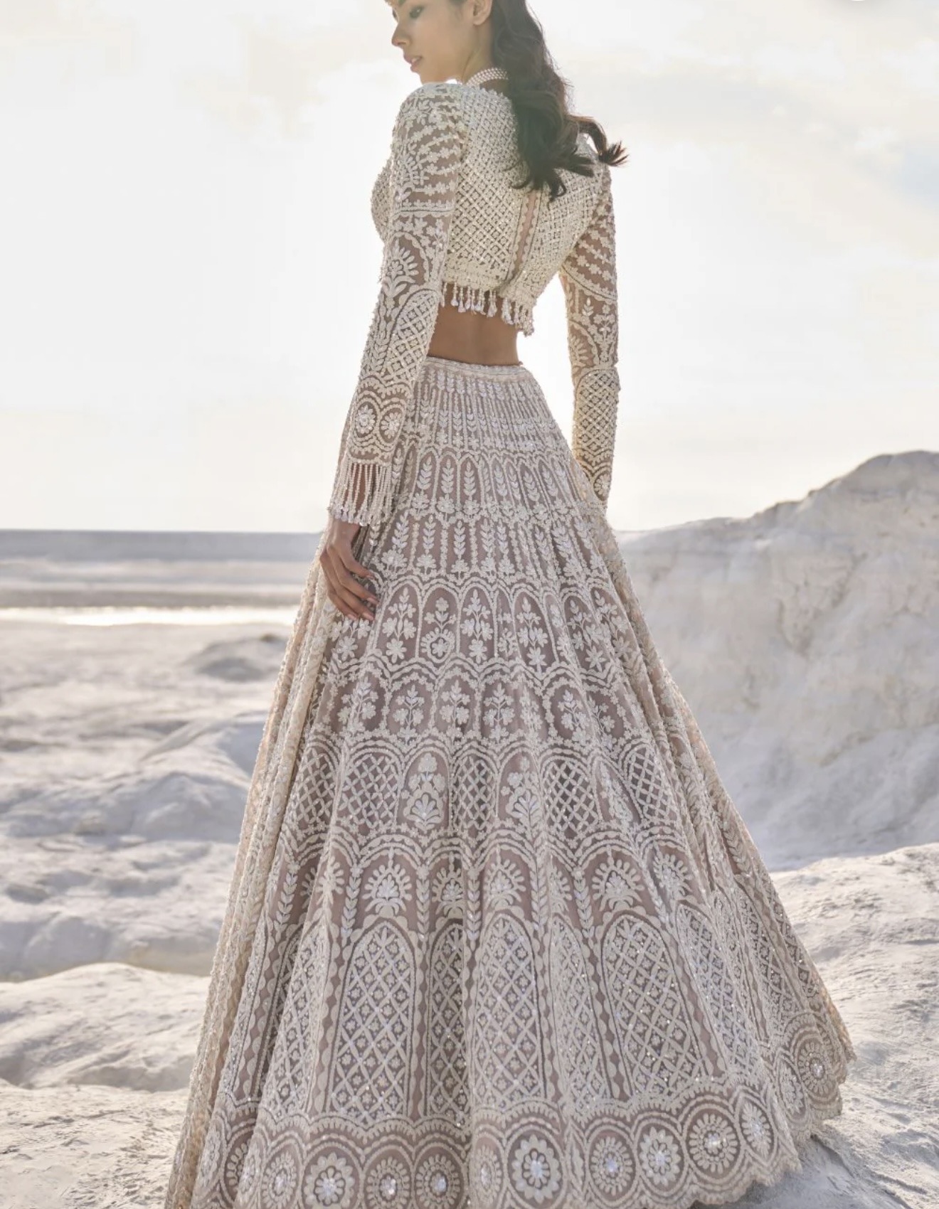 Seema Gujral Nude Cream Dori Lehenga Set view 3